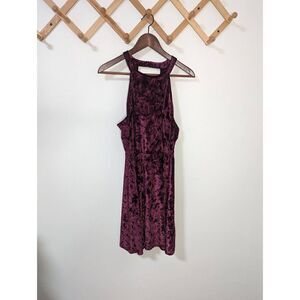 Xhilaration Maroon Crushed Velvet High Neck Skater Mini Dress - Size Large